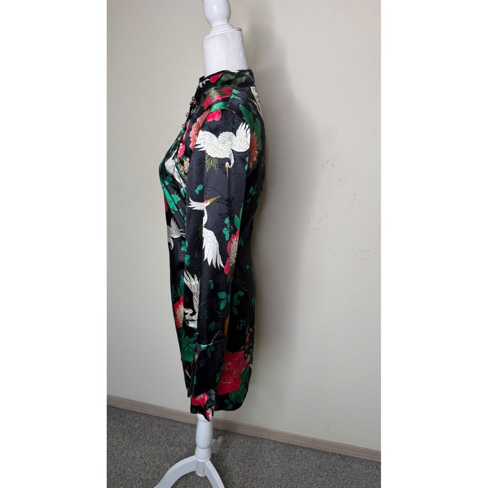 Zara Oriental Crane Floral Satin Mini Dress Large Cheongsam Qipao Mandarin - Picture 5 of 16